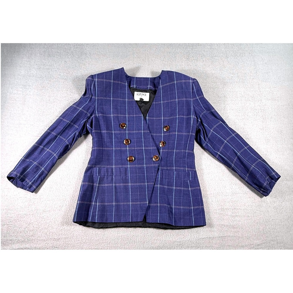 Vintage Kasper Navy Windowpane Blazer Double Breasted 80s Power Jacket 8‎